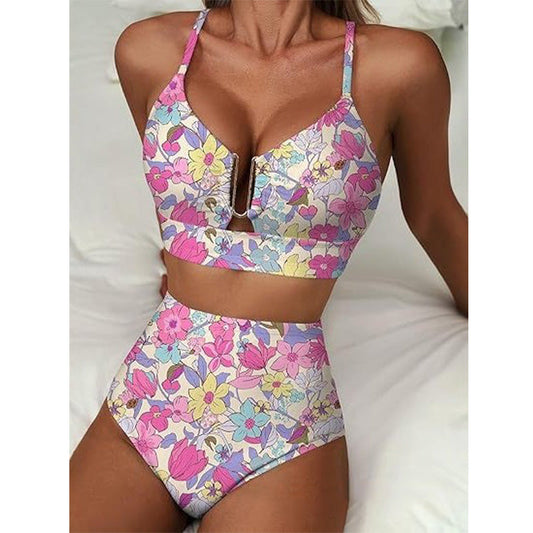Damski komplet bikini z wysokim stanem i dekoltem w kształcie litery U