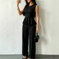 Damski dwuczęściowy zestaw: top bez rękawów z peplum i spodnie