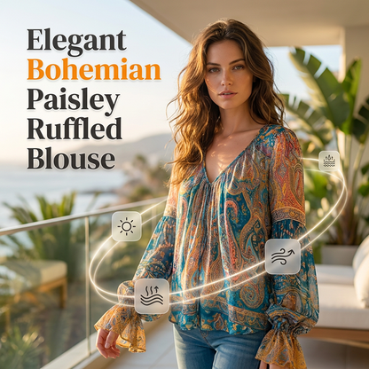 Elegancka bluzka w stylu boho z falbanami i paisley
