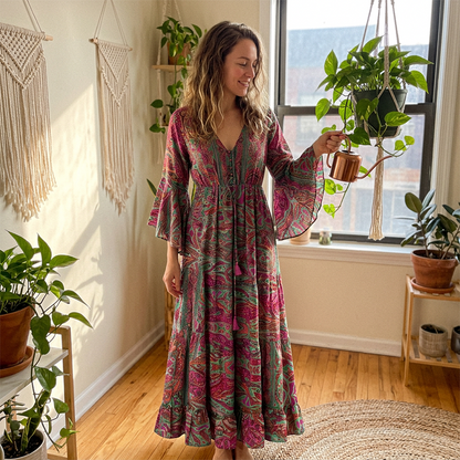 Damski boho kwiecista sukienka maxi