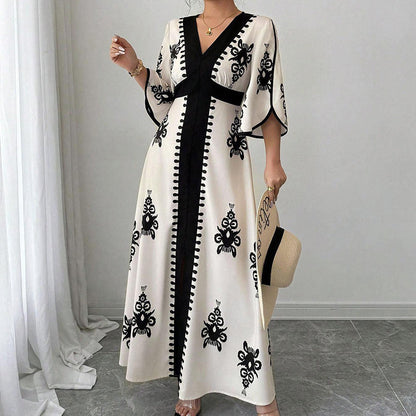 👗Elegancka sukienka maxi z nadrukiem i dekoltem w serek dla kobiet