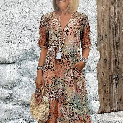 🌸 VIVID PRINT SUKIENKA MIDI Z DEKOLTEM W SZYJĘ — Sylwetka z talią | Lekka i zwiewna