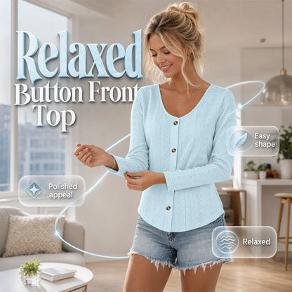 ⌛Oferta Limitowana-Top Damski Casual Okrągły Dekolt Pointelle Z Długim Rękawem
