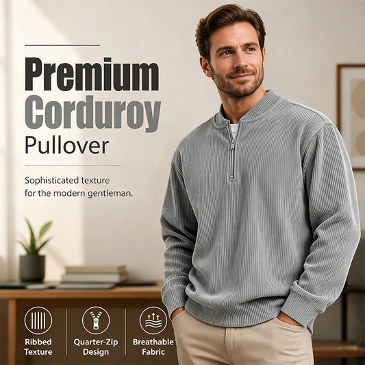 Męski sweter rozpinany z kordury z kołnierzem stójką, casual, z długim rękawem