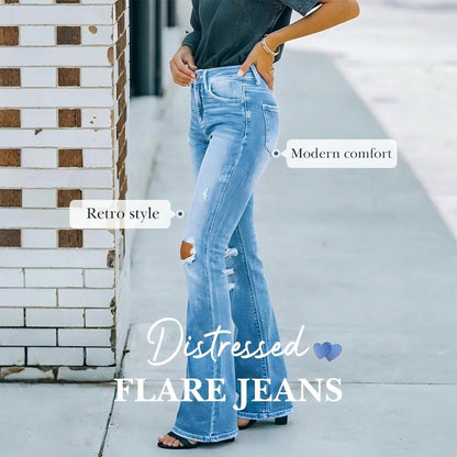 Damskie jeansy dzwony z wysokim stanem, przetarcia