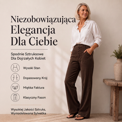 🤎✨ Spodnie Dzwony z Weluru w Cienkie Paski, Wysoki Stan, Guziki z Przodu, Klasyczny Krój — Dojrzała Elegancja, Smukłe, Wykwintne