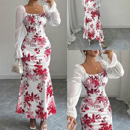 Elegancka sukienka damska w kwiatowy wzór z rozkloszowanym dołem