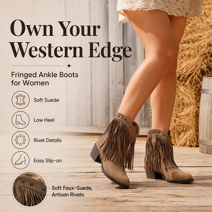 Damskie buty za kostkę w stylu retro western z frędzlami