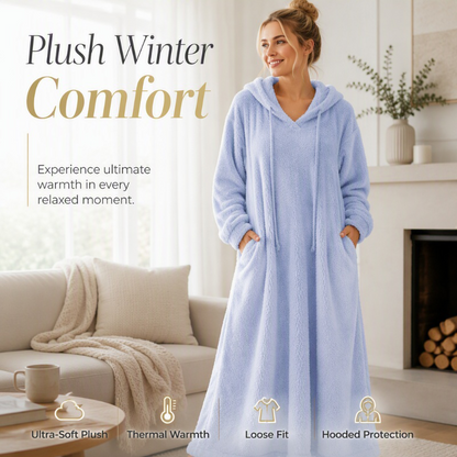 ❄️ Przytulny Zimowy Komfort | Damska Sukienka Domowa Maxi z Kapturem z Miękkiego Pluszu