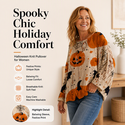 Damski sweter na Halloween z dynią, szydełkowy, dzianinowy