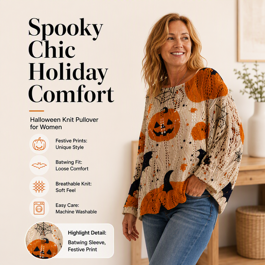 Damski sweter na Halloween z dynią, szydełkowy, dzianinowy