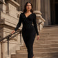 👗✨Elegancka sukienka damska wiązana z dekoltem w szpic, dzianina prążkowana