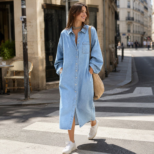 ✨ Łatwy Styl Denim | Damska Sukienka Koszulowa Denimowa o Luźnym Kroju z Guzikami
