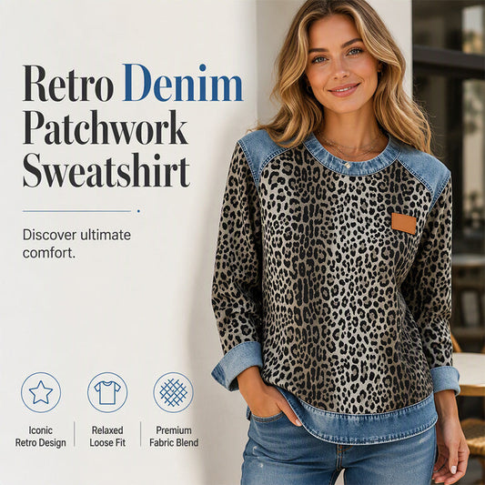 🐆 Styl Retro Statement | Bluza damska w panterkę z naszywkami dżinsowymi
