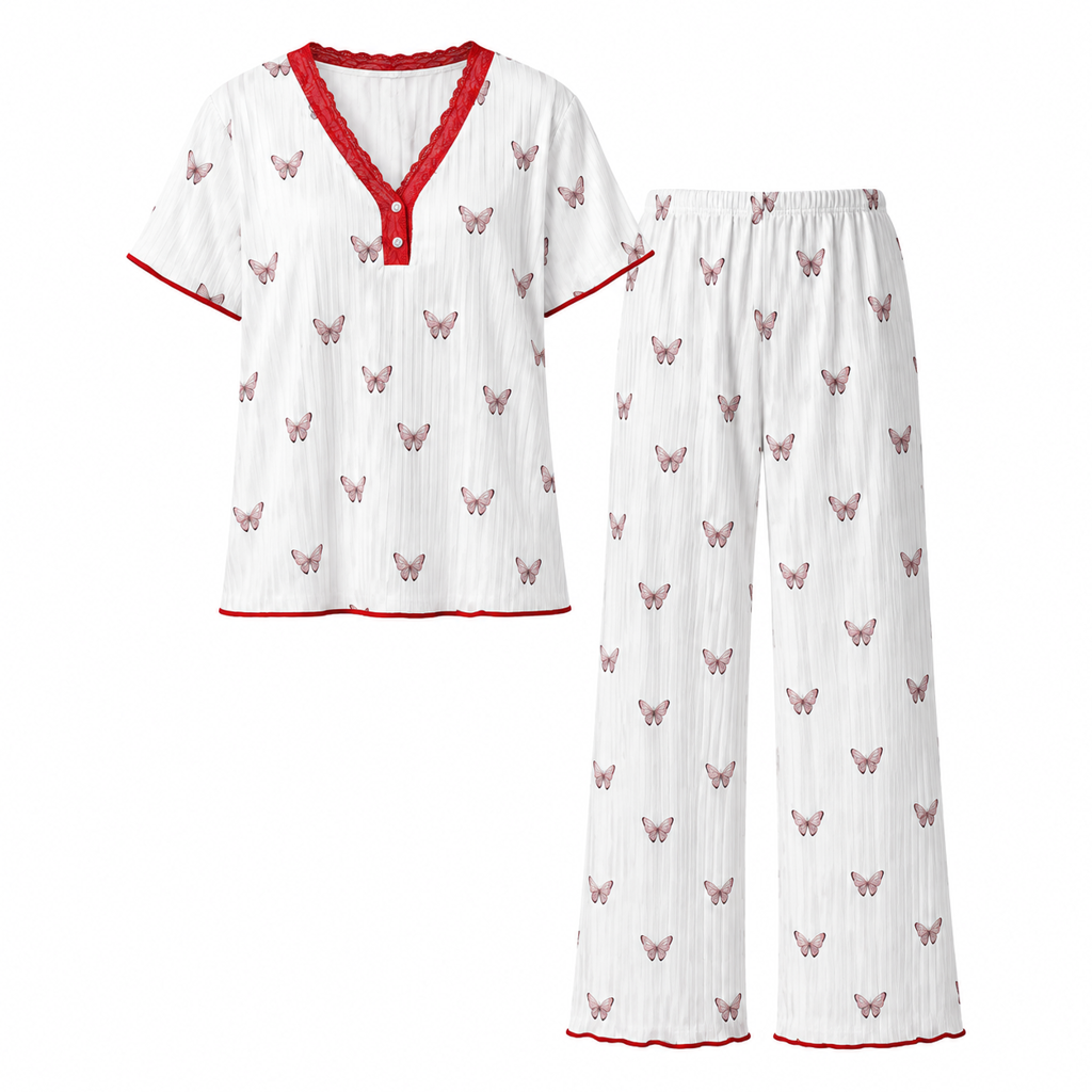 🌟Bestseller reduziert! Nur diese Woche!🌟 Bedrucktes Pyjama-Set für Damen, kurzärmliges Oberteil und lange Hose
