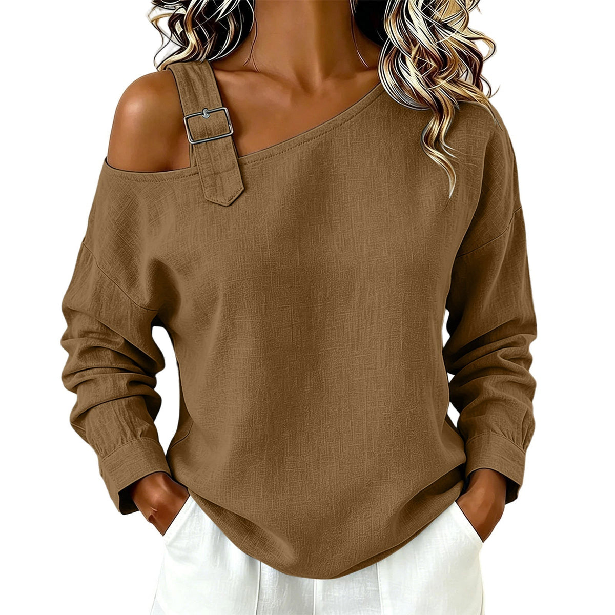 👚 Damen lässiges einfarbiges Leinen-Baumwolle Oberteil mit freier Schulter