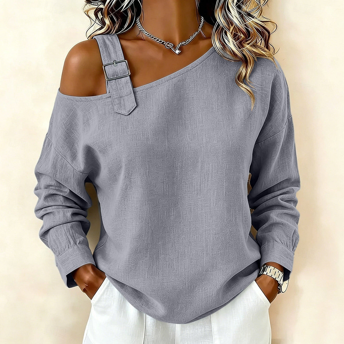 👚 Damen lässiges einfarbiges Leinen-Baumwolle Oberteil mit freier Schulter