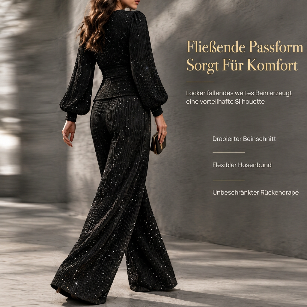 Zweiteiliges Damen-Outfit Für Herbst und Winter Tiefer V-Ausschnitt, Ballonärmel, Plissiertes Oberteil und weithosen mit Taschen