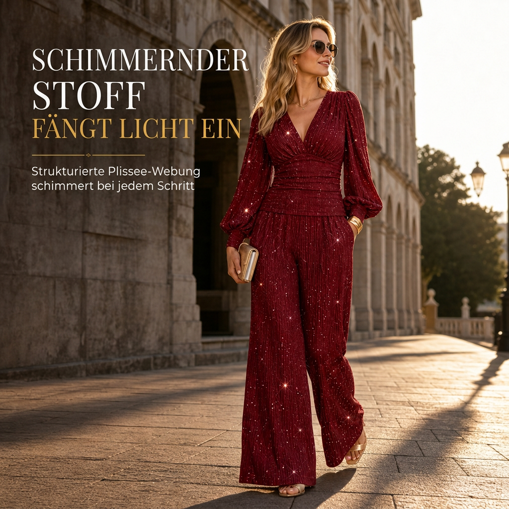 Zweiteiliges Damen-Outfit Für Herbst und Winter Tiefer V-Ausschnitt, Ballonärmel, Plissiertes Oberteil und weithosen mit Taschen