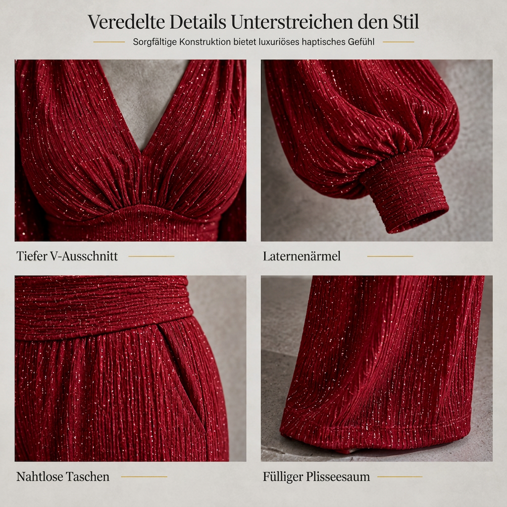 Zweiteiliges Damen-Outfit Für Herbst und Winter Tiefer V-Ausschnitt, Ballonärmel, Plissiertes Oberteil und weithosen mit Taschen