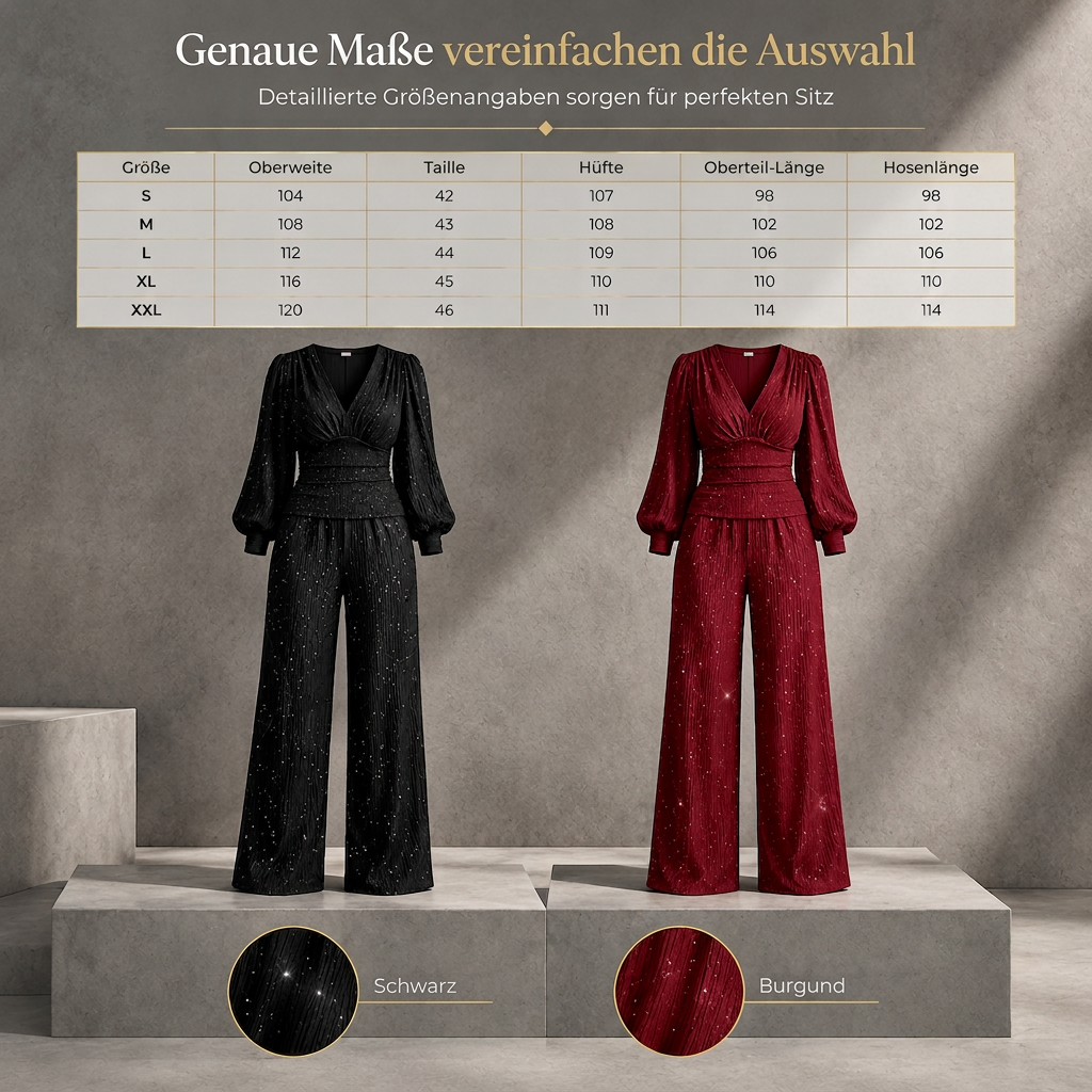 Zweiteiliges Damen-Outfit Für Herbst und Winter Tiefer V-Ausschnitt, Ballonärmel, Plissiertes Oberteil und weithosen mit Taschen