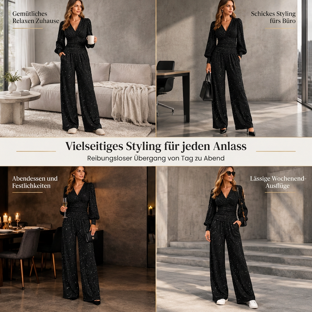 Zweiteiliges Damen-Outfit Für Herbst und Winter Tiefer V-Ausschnitt, Ballonärmel, Plissiertes Oberteil und weithosen mit Taschen
