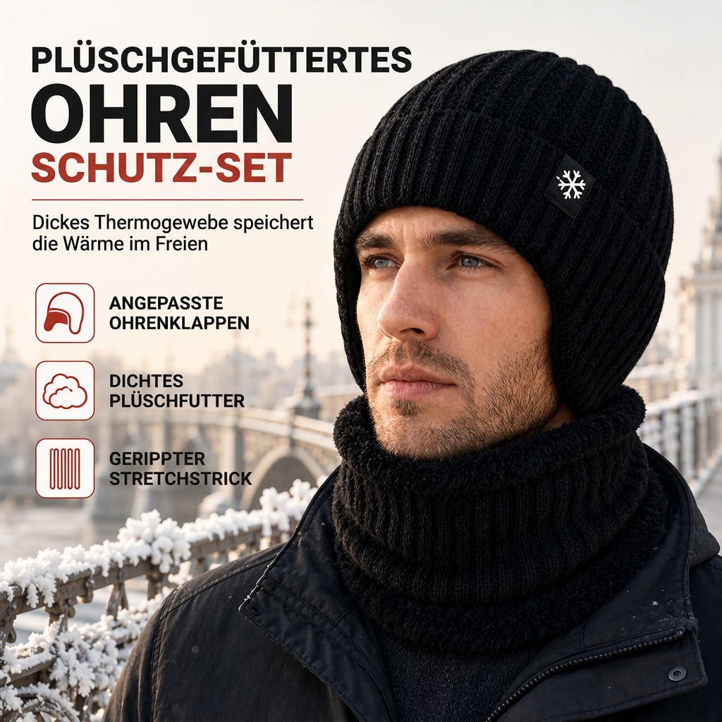 🥳 Winter Strick-Beanie für Herren mit integriertem Halstuch und Ohrenklappen, dickes gefüttertes Gewebe, große Kälte-Schutzmütze