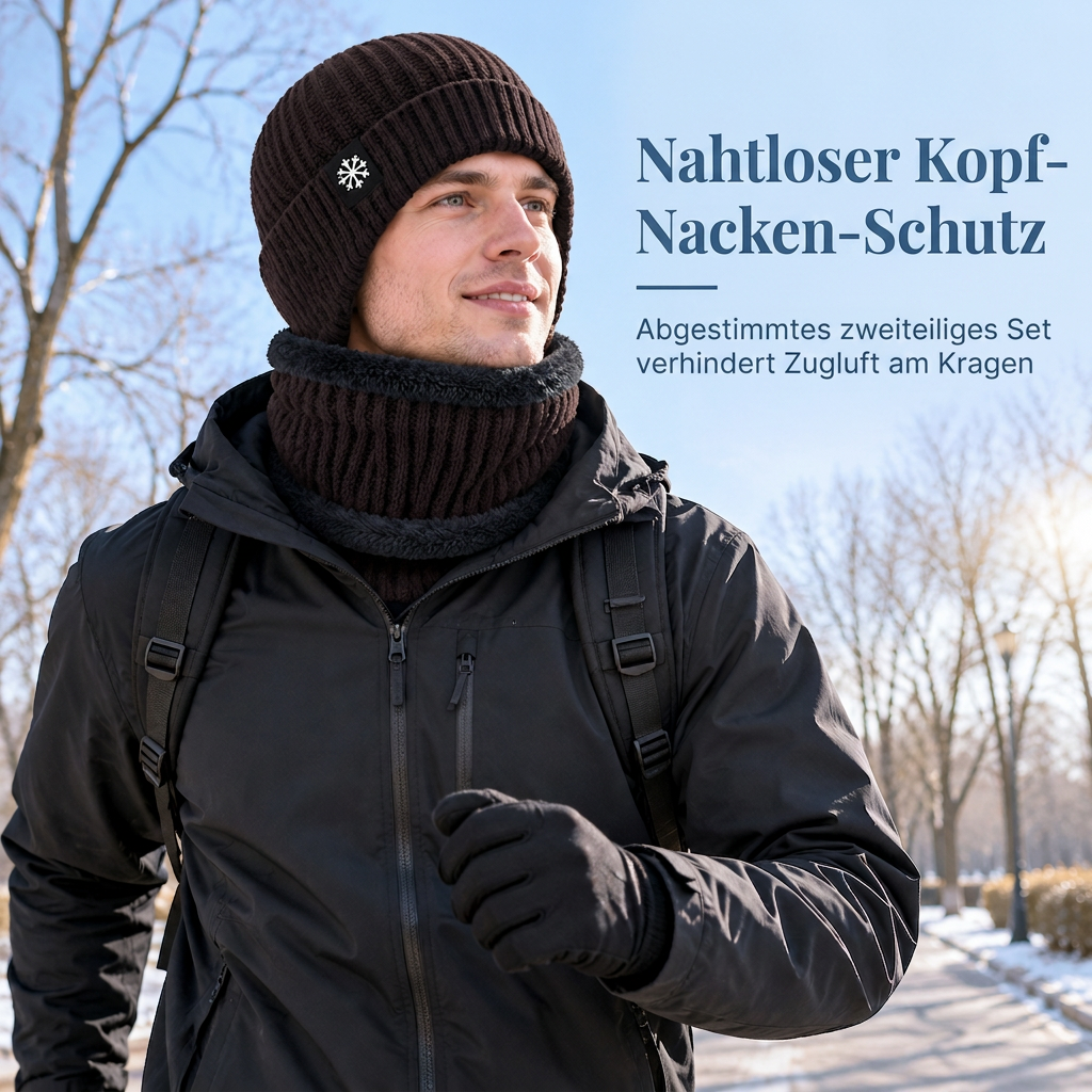 🥳 Winter Strick-Beanie für Herren mit integriertem Halstuch und Ohrenklappen, dickes gefüttertes Gewebe, große Kälte-Schutzmütze