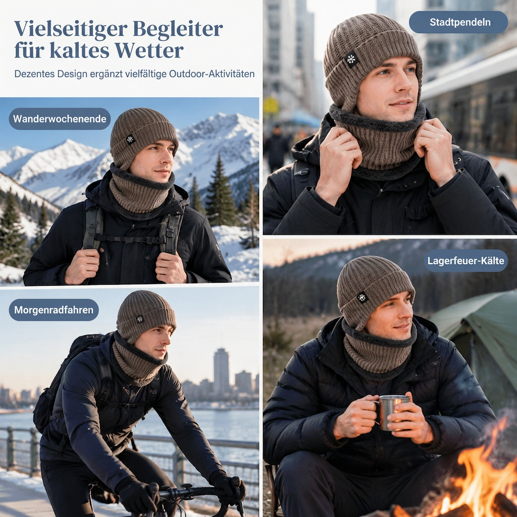 🥳 Winter Strick-Beanie für Herren mit integriertem Halstuch und Ohrenklappen, dickes gefüttertes Gewebe, große Kälte-Schutzmütze
