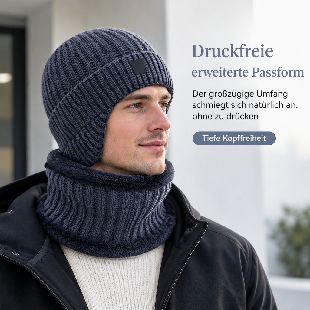 🥳 Winter Strick-Beanie für Herren mit integriertem Halstuch und Ohrenklappen, dickes gefüttertes Gewebe, große Kälte-Schutzmütze