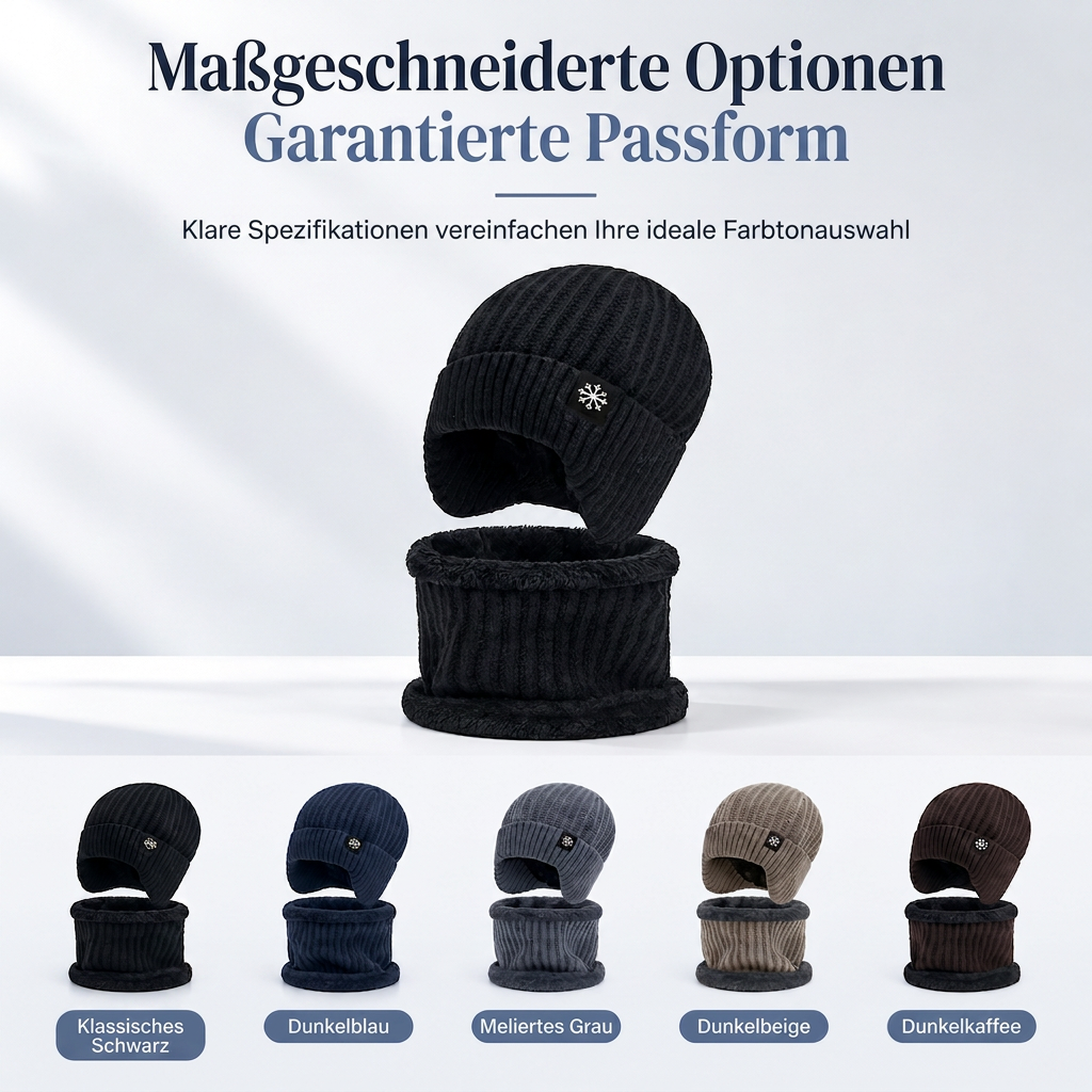 🥳 Winter Strick-Beanie für Herren mit integriertem Halstuch und Ohrenklappen, dickes gefüttertes Gewebe, große Kälte-Schutzmütze