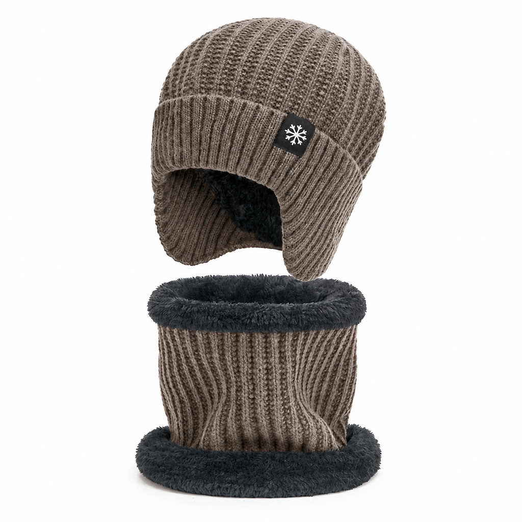 🥳 Winter Strick-Beanie für Herren mit integriertem Halstuch und Ohrenklappen, dickes gefüttertes Gewebe, große Kälte-Schutzmütze