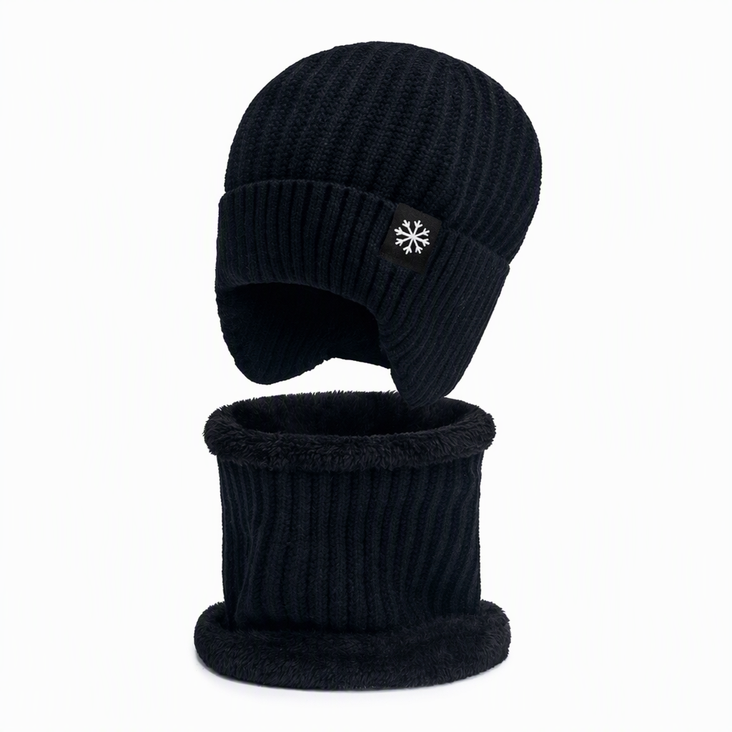 🥳 Winter Strick-Beanie für Herren mit integriertem Halstuch und Ohrenklappen, dickes gefüttertes Gewebe, große Kälte-Schutzmütze