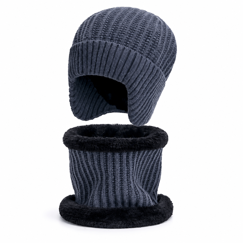 🥳 Winter Strick-Beanie für Herren mit integriertem Halstuch und Ohrenklappen, dickes gefüttertes Gewebe, große Kälte-Schutzmütze