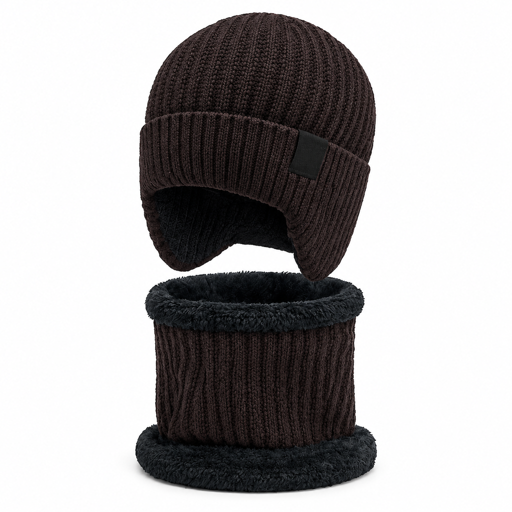 🥳 Winter Strick-Beanie für Herren mit integriertem Halstuch und Ohrenklappen, dickes gefüttertes Gewebe, große Kälte-Schutzmütze