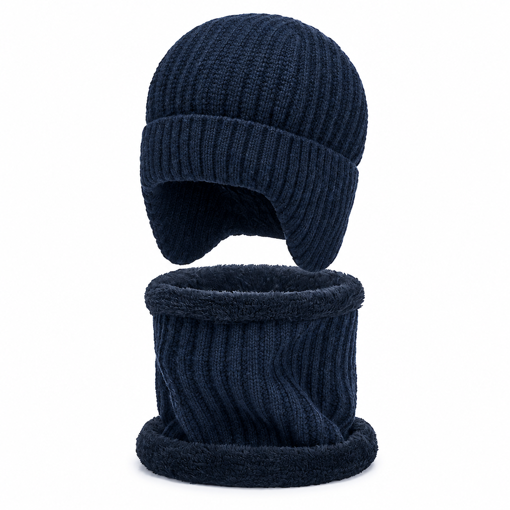 🥳 Winter Strick-Beanie für Herren mit integriertem Halstuch und Ohrenklappen, dickes gefüttertes Gewebe, große Kälte-Schutzmütze