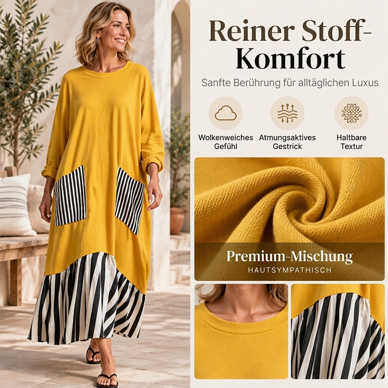 🥳Über 50.000 verkauft! 50% Rabatt!🥳 Damen Maxikleid mit Streifen-Patchwork und langen Ärmeln