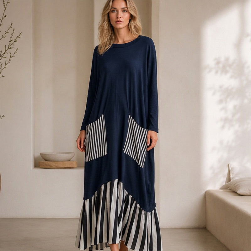 🥳Über 50.000 verkauft! 50% Rabatt!🥳 Damen Maxikleid mit Streifen-Patchwork und langen Ärmeln