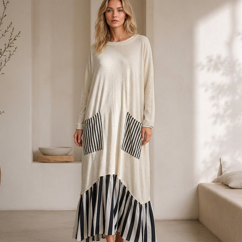 🥳Über 50.000 verkauft! 50% Rabatt!🥳 Damen Maxikleid mit Streifen-Patchwork und langen Ärmeln