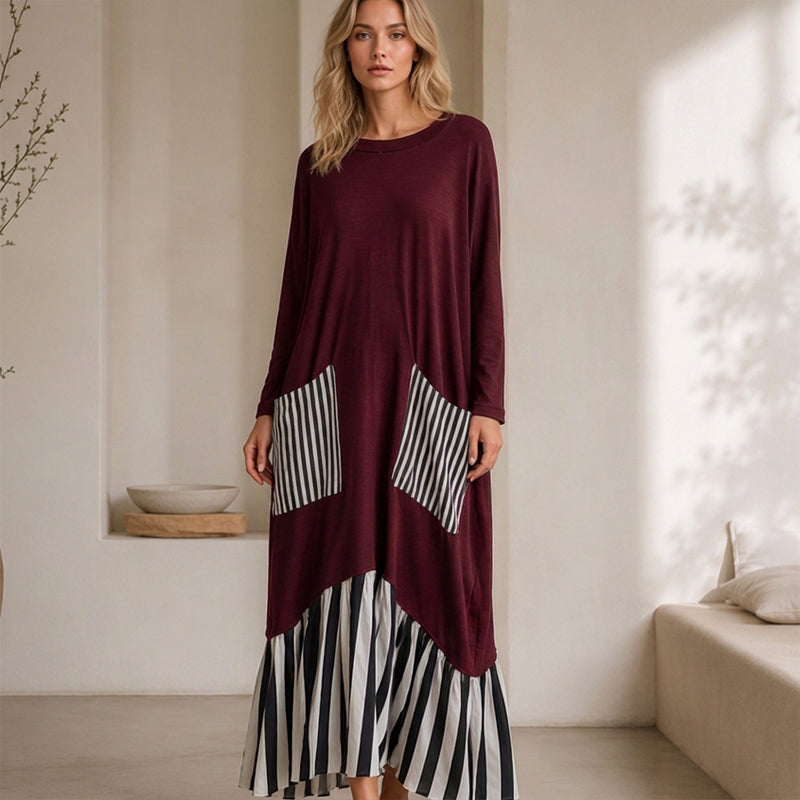 🥳Über 50.000 verkauft! 50% Rabatt!🥳 Damen Maxikleid mit Streifen-Patchwork und langen Ärmeln