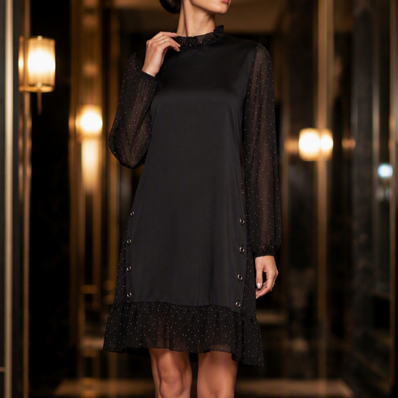 Elegantes Damenkleid mit transparenten Punktenärmeln