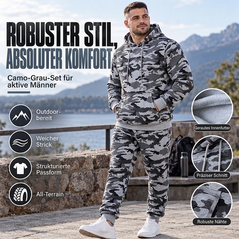 Herren-Kapuzenpullover und Hosen-Set mit Plüschfutter, Camouflage-Muster