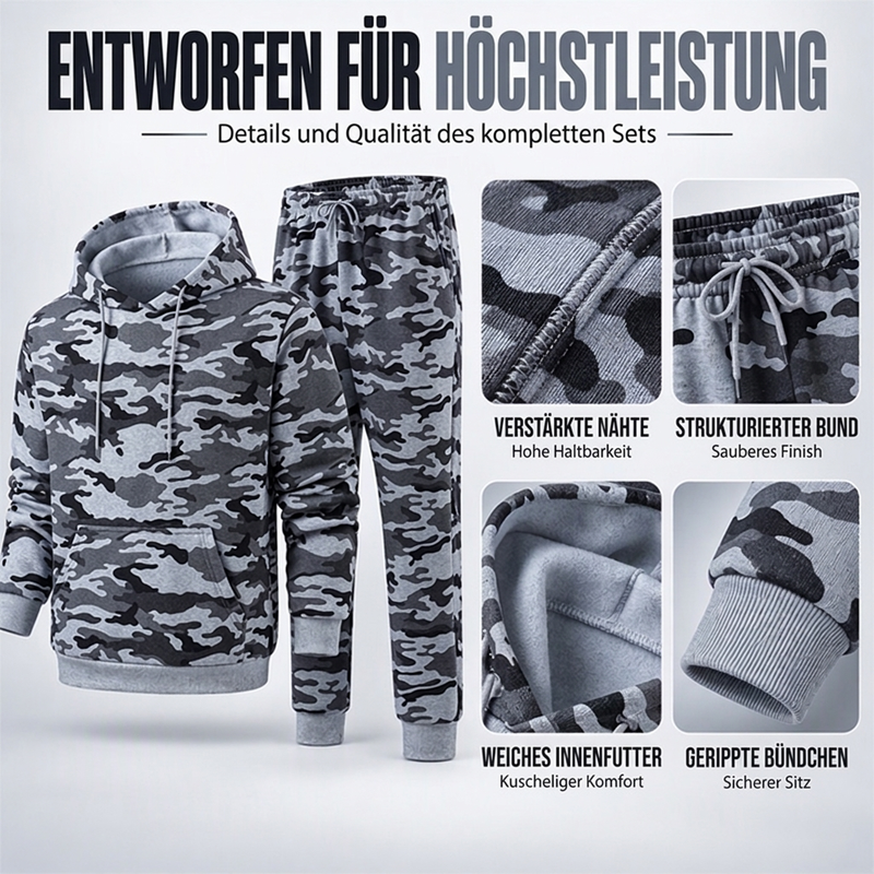 Herren-Kapuzenpullover und Hosen-Set mit Plüschfutter, Camouflage-Muster