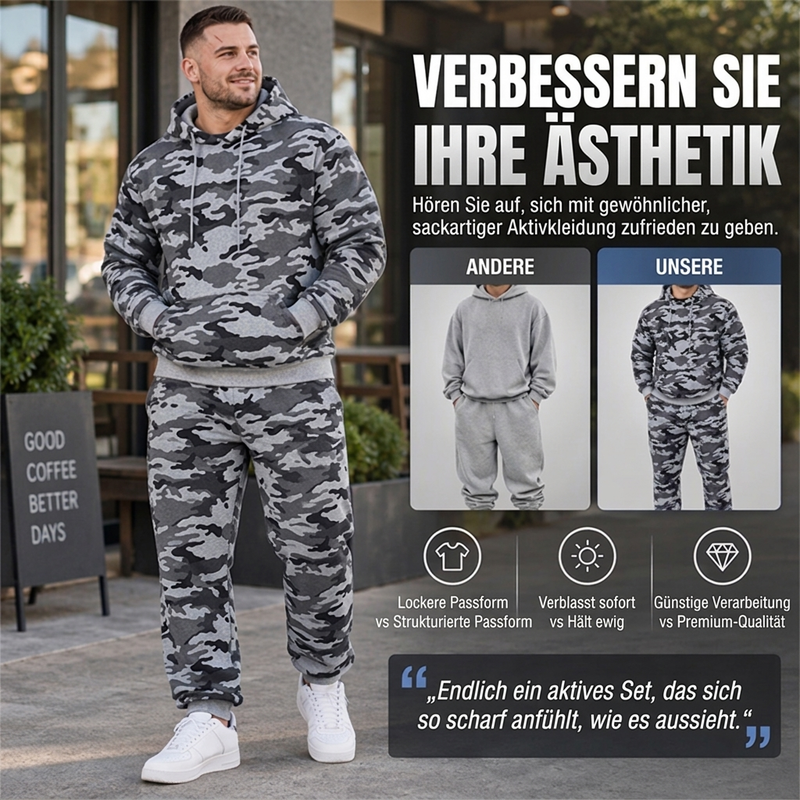 Herren-Kapuzenpullover und Hosen-Set mit Plüschfutter, Camouflage-Muster