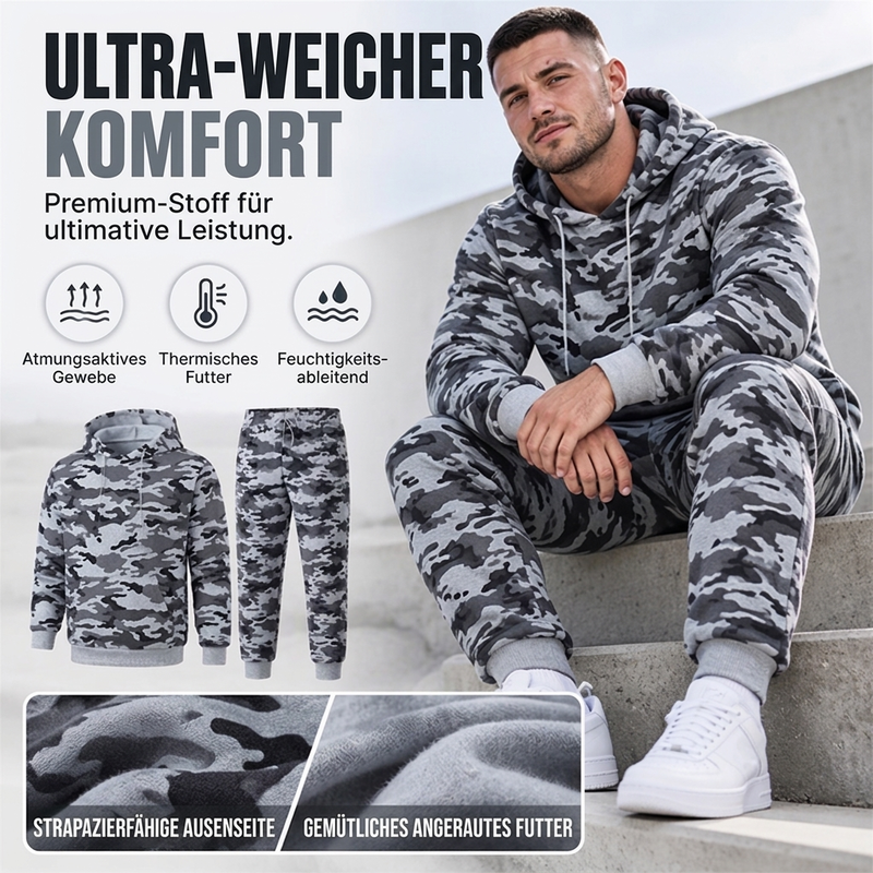 Herren-Kapuzenpullover und Hosen-Set mit Plüschfutter, Camouflage-Muster