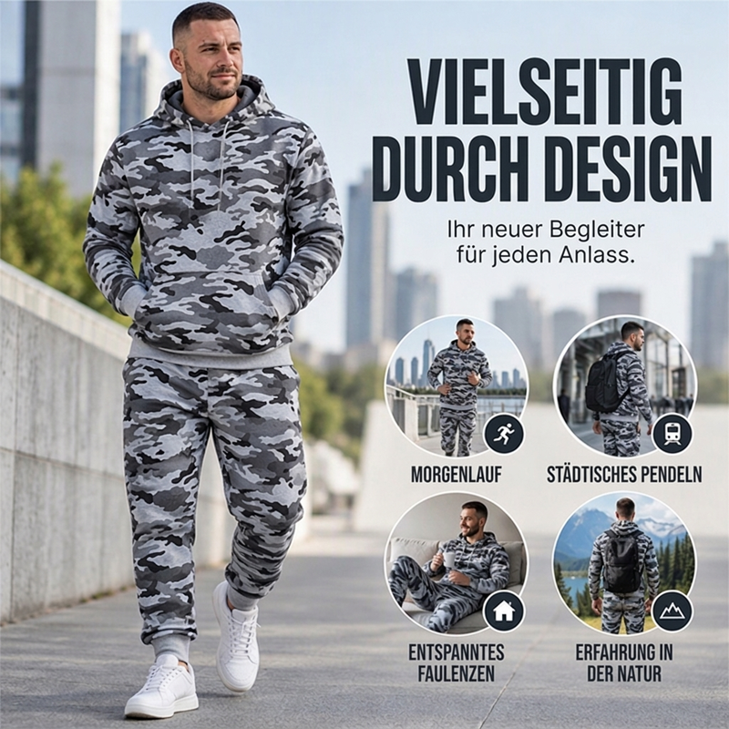Herren-Kapuzenpullover und Hosen-Set mit Plüschfutter, Camouflage-Muster