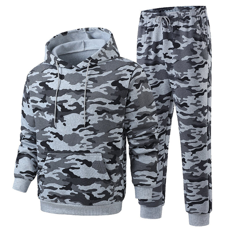 Herren-Kapuzenpullover und Hosen-Set mit Plüschfutter, Camouflage-Muster