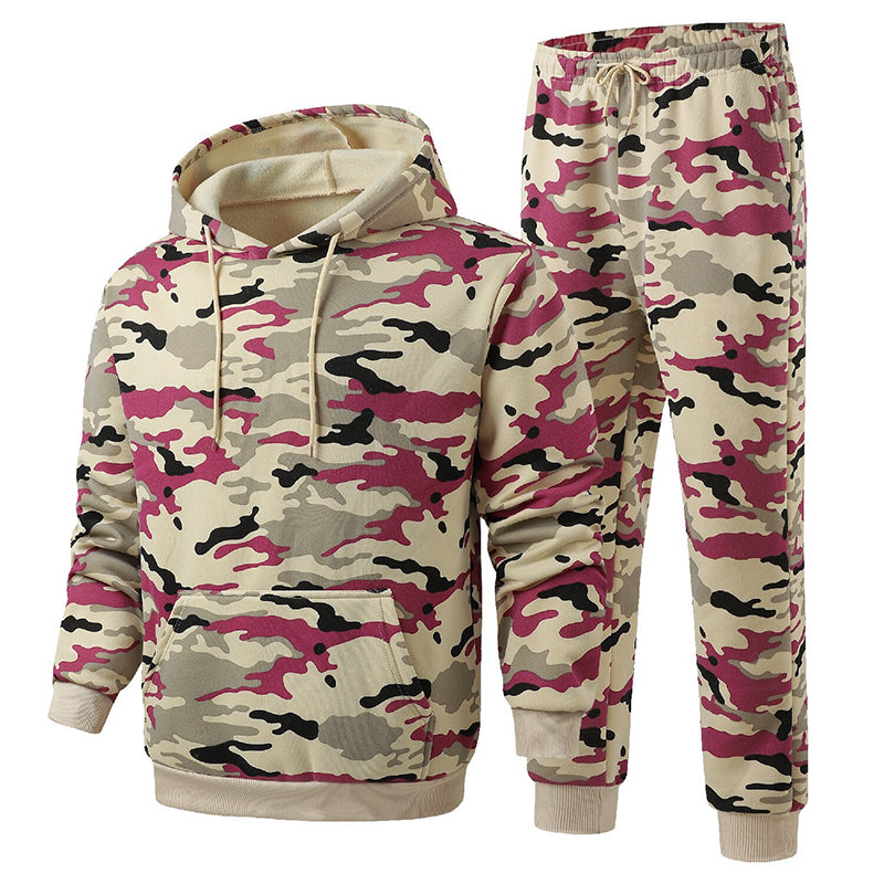 Herren-Kapuzenpullover und Hosen-Set mit Plüschfutter, Camouflage-Muster