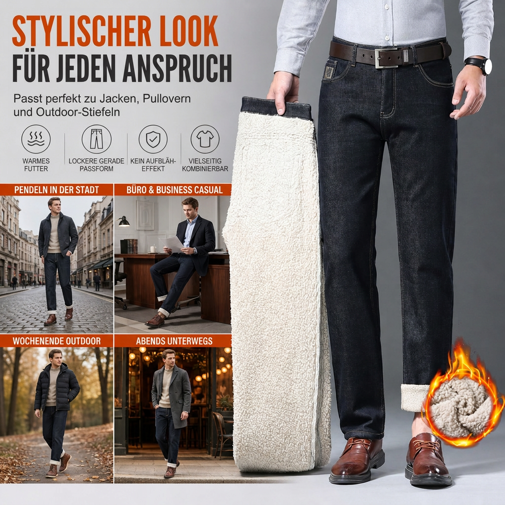 Herren Winter Jeans mit warmer Fütterung, locker geschnitten, gerade legende, Freizeit-Denim-Hosen