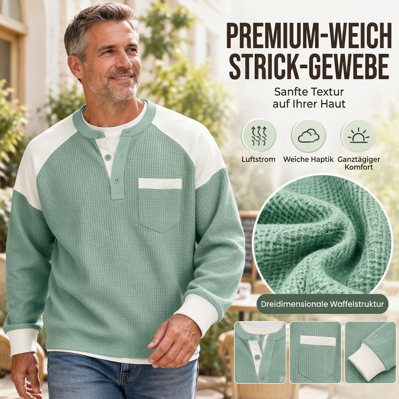 Freizeit-Henley-Oberteil für Herren mit Farbblock-Design und Waffelstrick